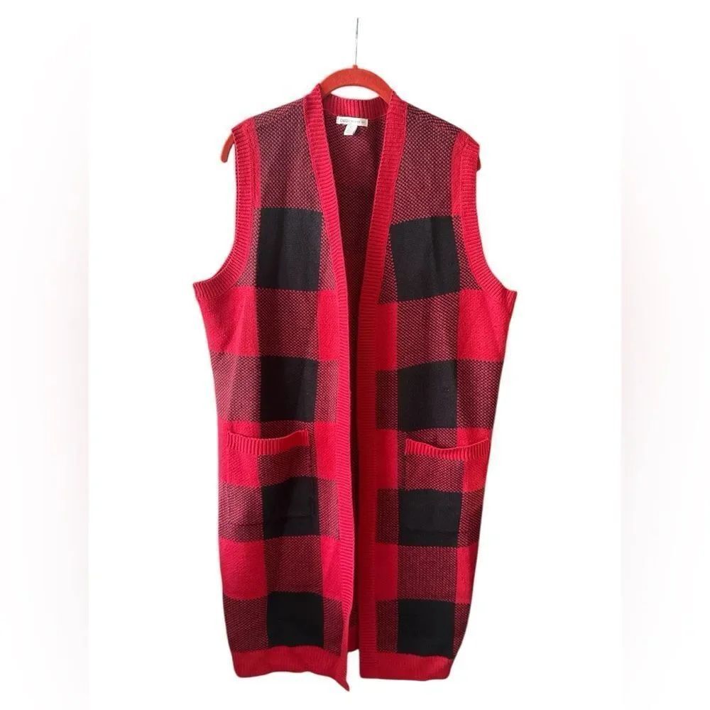 Cato Vibrant Red and Black Knit Sweater Cardigan Jacket Checker pattern